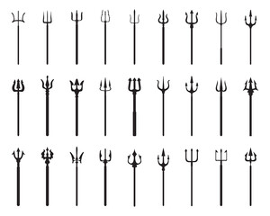 Set of tridents, black silhouettes on a white background	