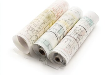 Three rolls of blueprints are carefully stacked on top of a table