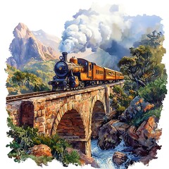 Fototapeta premium Vintage Steam Train Crossing Stone Bridge in Mountain Valley.