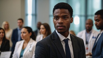 Fototapeta premium Black male doctor stands confidently in a modern healthcare facility surrounded by colleagues engaged in a collaborative discussion about patient care strategies during a busy afternoon
