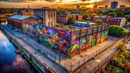 Aerial perspective:  a river's edge, vibrant graffiti art clashes with stark fencing, captured by drone.