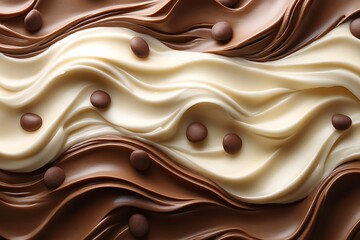 Flowing milk and white chocolate swirls with chocolate chips