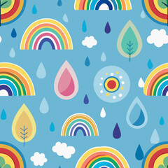 Fototapeta premium Seamless Spring Raindrops and Rainbows Pattern – Cute and Cheerful. Perfect for: Spring, children's designs, weather-related themes, cheerful branding