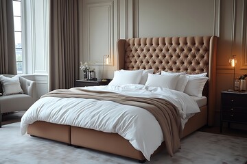 A luxurious and comfortable bedroom with a large bed and elegant decor.