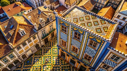 Aerial View of Colorful Azulejo Mosaic Tile Pattern in Portugal