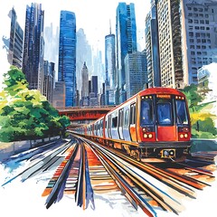 Naklejka premium Urban Transit A Vibrant Cityscape with Subway Train.