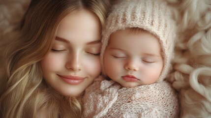 A mother and her newborn baby, captured in a tender, peaceful moment, soft and serene lighting