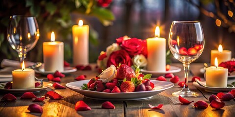 Fototapeta premium Candlelit Dinner Table with Rose Petals and Fresh Fruits, Dinner, Dinner Invitation, Dinner