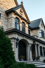 Naklejka premium Magnificent Stone Mansion: Classic Architecture, Elegant Design, Luxury Home Exterior