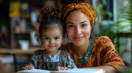 A mother helping her child with homework, educational and nurturing moment, bright study space