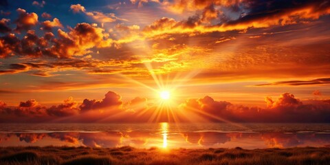 Obraz premium A fantasy sun, celestial and fiery, casts a magical, artistic orange glow across the dreamlike sunset landscape.