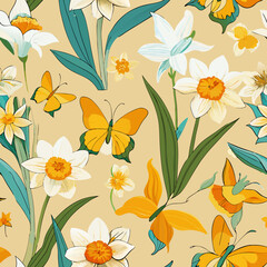 Seamless Blooming Daffodils and Butterflies Pattern – Elegant Spring Floral. Perfect for: Spring, Easter, floral branding, nature-themed stationery