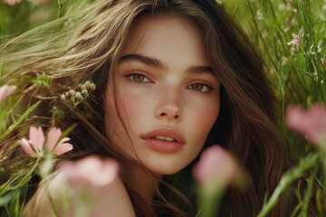 Fototapeta premium Beautiful woman with long brown hair posing in the middle of wild flowers