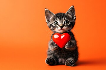 Digital ads idea. European shorthair - my preferred cat. Cute european shorthair young cat with domestic animal toy red heart - symbol of love, funny greeting card. Romantic cat photo.