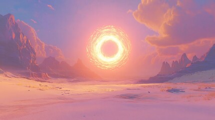 Celestial Ring over Desolate Landscape: A Digital Painting of an otherworldly sunset, showcasing a fiery ring in the sky above a snow-covered desert with mountains