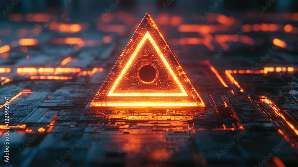 Wall mural a glowing triangular alert sign with a keyhole in the center of a futuristic network.