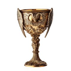 A chalice with an angelic design featuring angel wings curving around the ivory-colored cup, adorned with golden accents and a divine halo motif, resting on an intricately carved pedestal