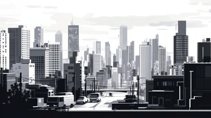 Urban skyline with modern buildings in grayscale illustration