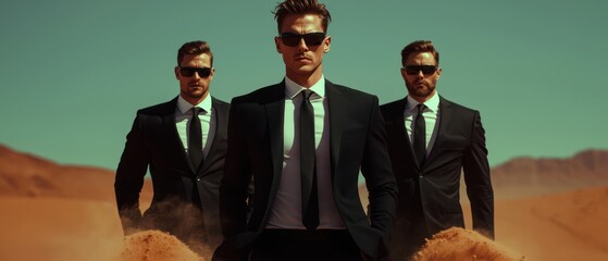 Three men in suits and sunglasses stand in a desert landscape, exuding a cool, confident vibe.