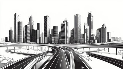 Obraz premium Black and White Urban Skyline with Highways and Skyscrapers