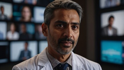 Obraz premium Asian male doctor discusses healthcare innovations in a modern consultation room surrounded by digital screens with patient information in a dynamic health and wellness setting