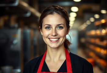 Obraz premium Female supervisor at a food factory beams at the camera, showcasing confidence while managing a busy production line.