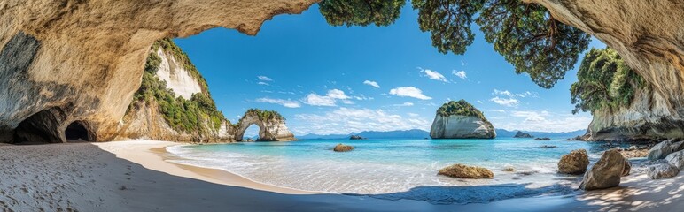 Fototapeta premium A breathtaking view of a serene beach from deep inside a cave
