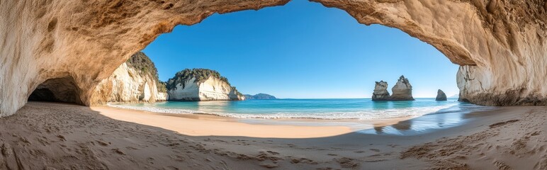 A breathtaking view of a serene beach from deep inside a cave