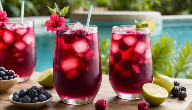 Three Glasses of Red Berry Cocktail with Ice by Poolside