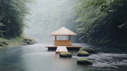 Experience tranquility at a forest therapy spa by a tranquil river with bamboo massage pavilion