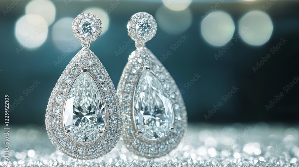 Poster a beautiful close-up of a pair of diamond drop earrings, captured in natural light to showcase their