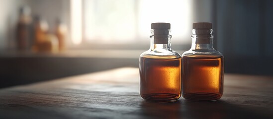 Two Amber Bottles on Wooden Table near Window