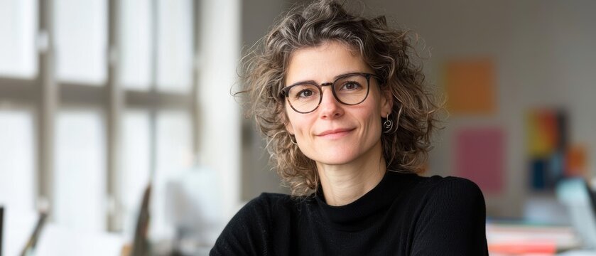 A confident woman with curly hair and glasses poses thoughtfully in a well-lit workspace, showcasing a professional and approachable demeanor.