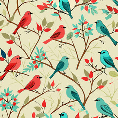 Seamless Small Birds Perched on Branches Pattern – Light and Natural. Perfect for: Spring, Easter, birdwatching events, natural-themed designs
