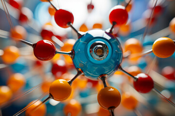 Colorful atomic model showcasing molecular structures against a vibrant background during a science-themed presentation