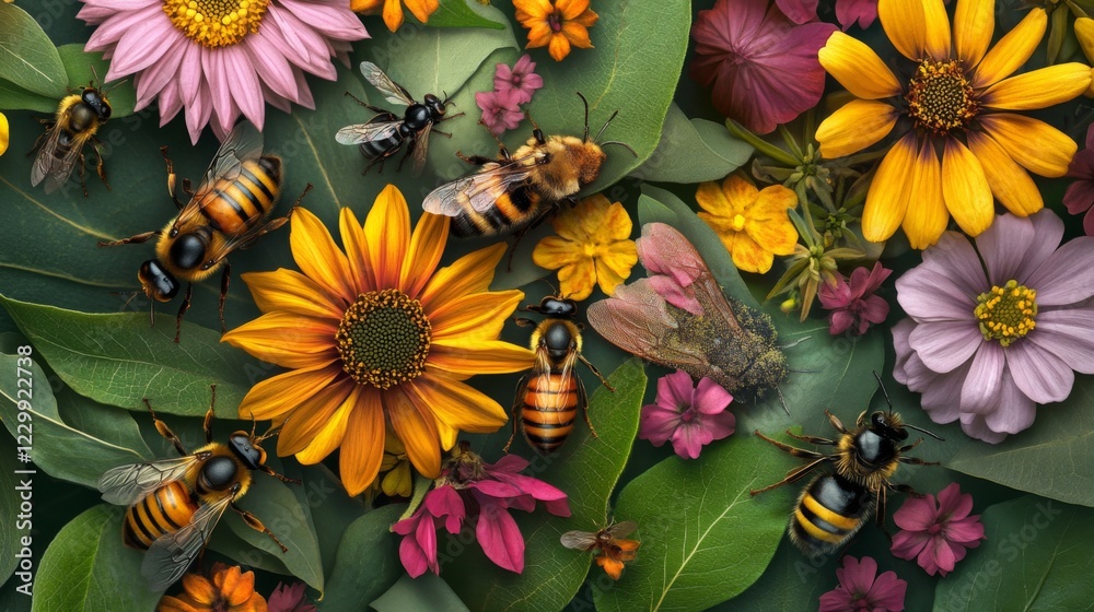 Poster a beautiful composition of various insects, including bees and ants, gathered on a cluster of colorf