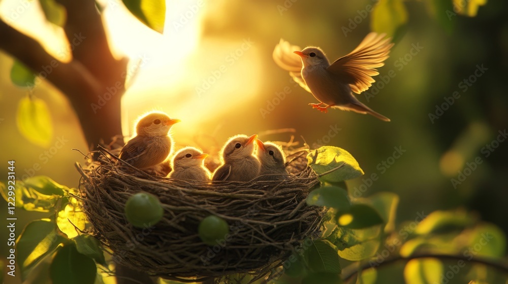 Poster a beautiful image of a nest with baby birds looking up, with a blurred background of their parent bi