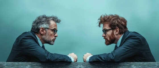 Two men in suits face each other, deep in thought, against a serene backdrop.