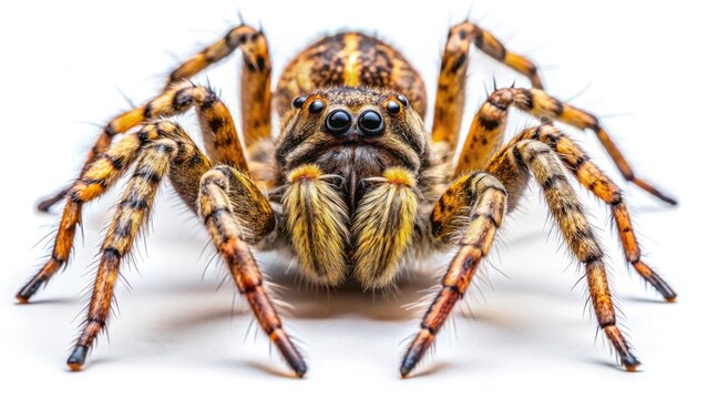 A Pardosa wolf spider, dramatically showcased in a macro arachnid photograph on white.