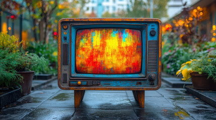 Vintage television set displays colorful static on a dark background, creating a nostalgic atmosphere with vibrant hues and classic design