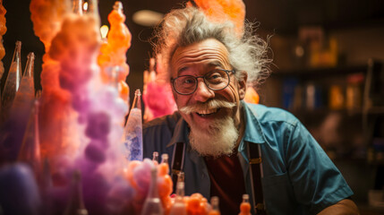 Crazed scientist wildly rejoicing while holding glowing test tubes in a cluttered laboratory during nighttime experiments