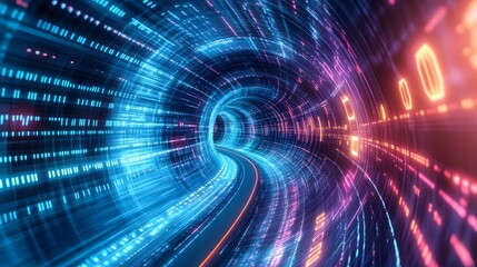 Fototapeta premium Digital Data Stream Tunnel: A mesmerizing journey through a swirling tunnel of vibrant binary code, representing the rapid flow of digital information in the modern technological landscape.