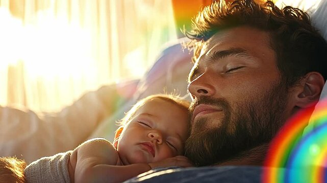 Father and baby peacefully sleeping together in warm sunlight at home during morning hours