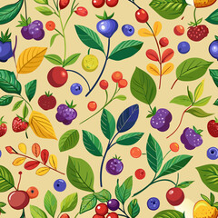 Seamless Wild Berries and Spring Foliage Pattern – Juicy and Fresh. Perfect for: Spring, food packaging, berry-related products, dessert branding