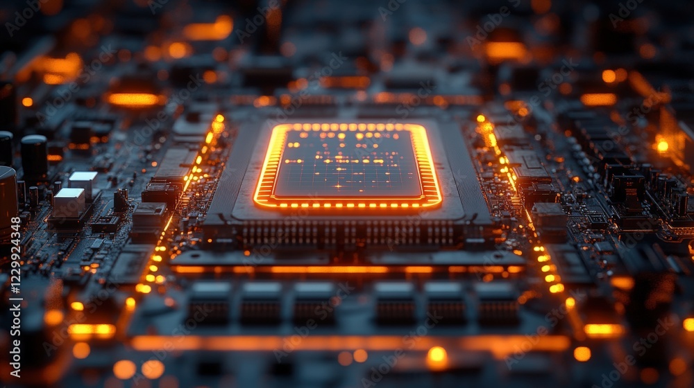 Poster close up view of a computer processor showing intricate details and connections on the circuit board