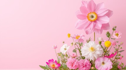Fototapeta premium Vibrant flower arrangement studio setting still life photography soft pink background aesthetic appeal