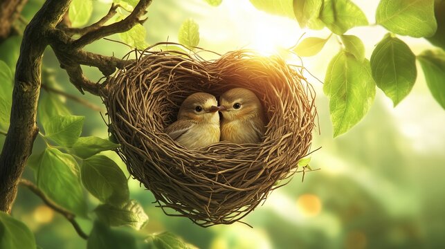 Two baby birds resting in heart shaped nest on tree branch