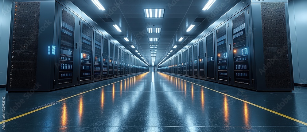 Poster long hallway filled with multiple computer servers in a technology data center environment