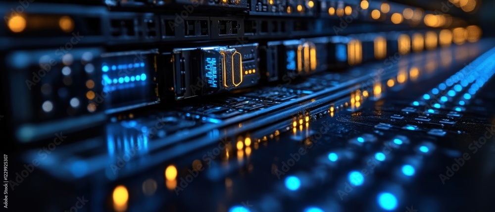 Poster row of servers in a data center with led lights and cooling systems for efficient operation