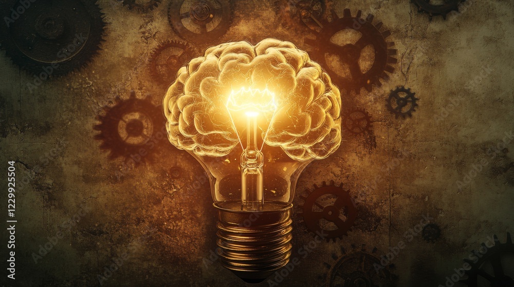 Poster a brain-shaped light bulb surrounded by gears and cogs, symbolizing ideas and innovation, against a 